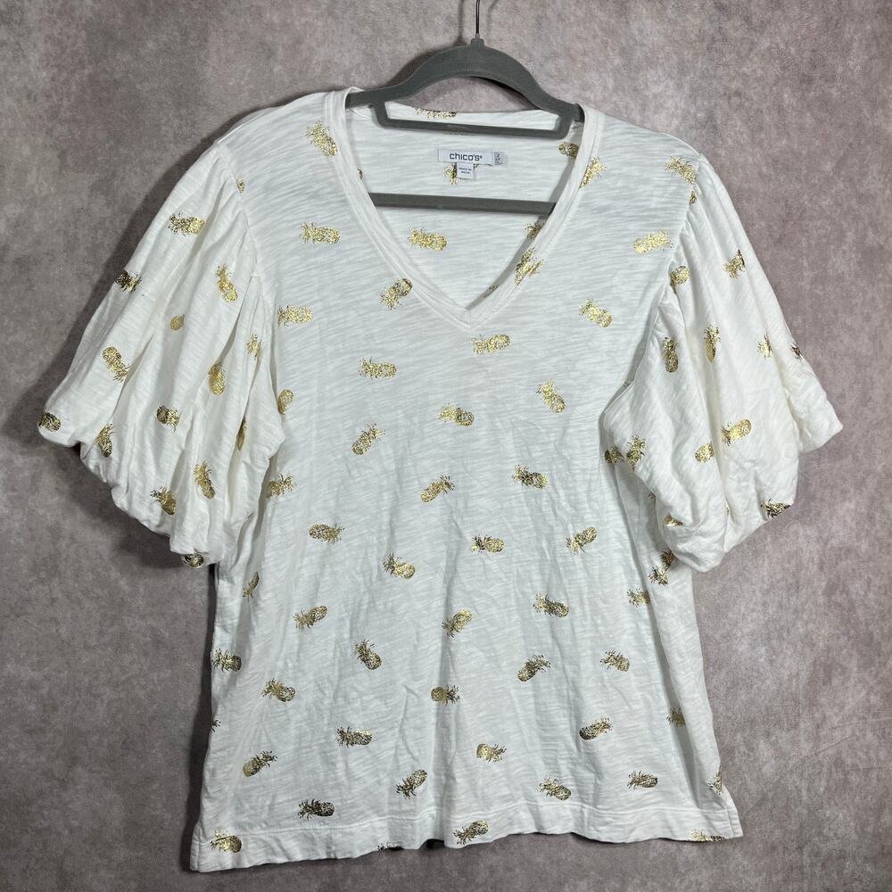 Chico's Top Womens Size 2 US Large White Metallic Foil Pineapple Flutter Sleeves - Picture 2 of 9